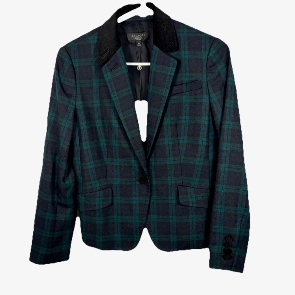 NWT Talbots Blazer Kate Fit Black Watch Plaid Velvet Collar 4P Petite Equestrian